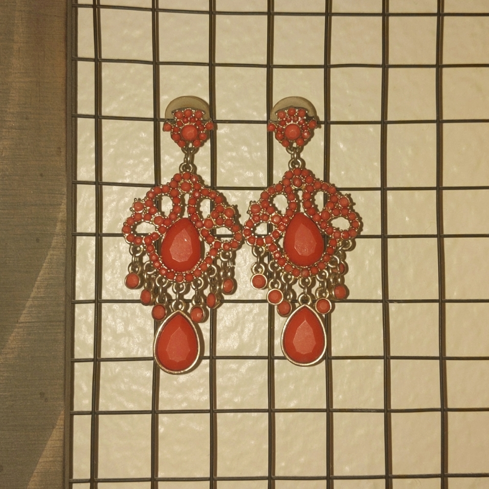 Coral Orange Aztec Gem Chandelier Dangle Earrings